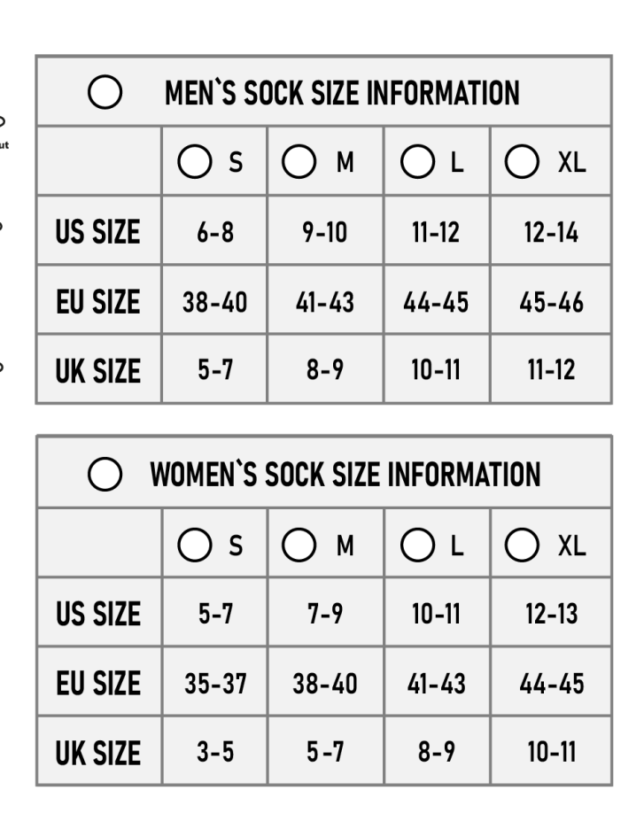 FlaxSox men's and women's size chart