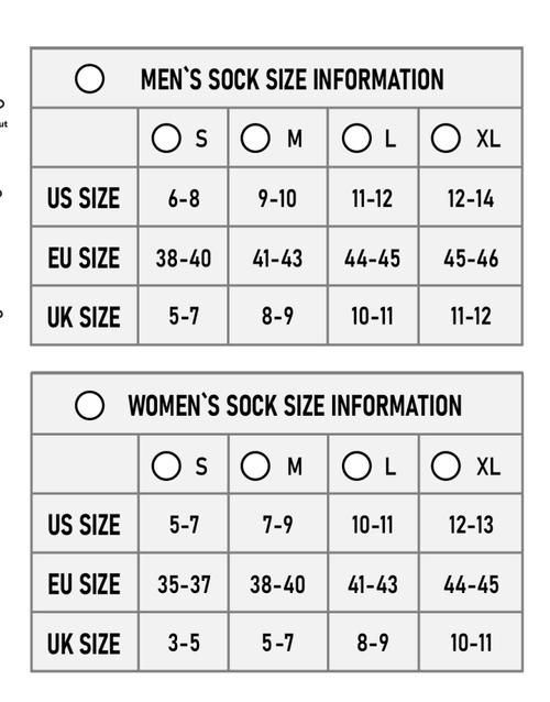 FlaxSox men's and women's size chart